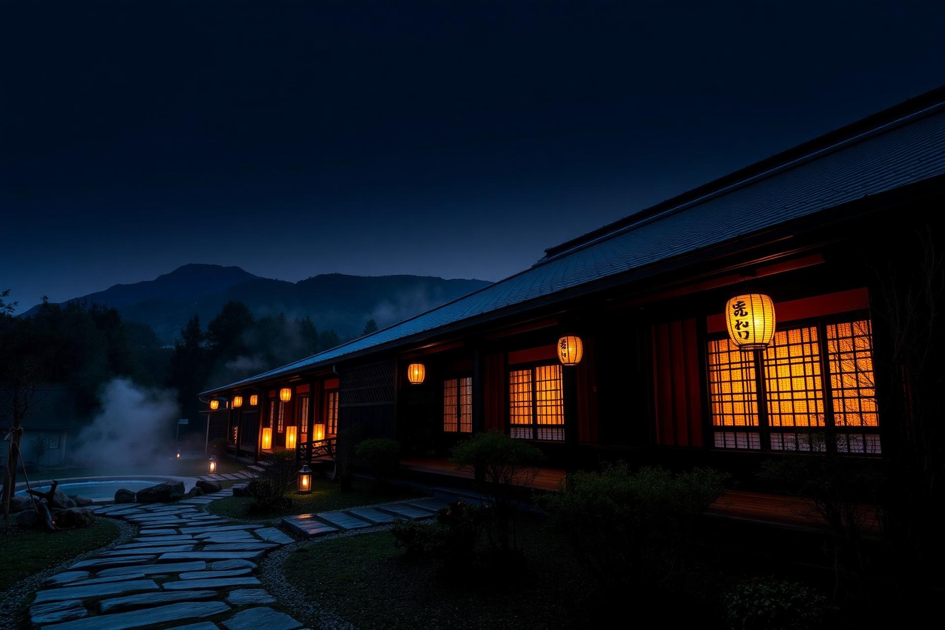 Traditional timber lodge with paper lanterns glowing at twilight, cedar facade and mist from hot springs