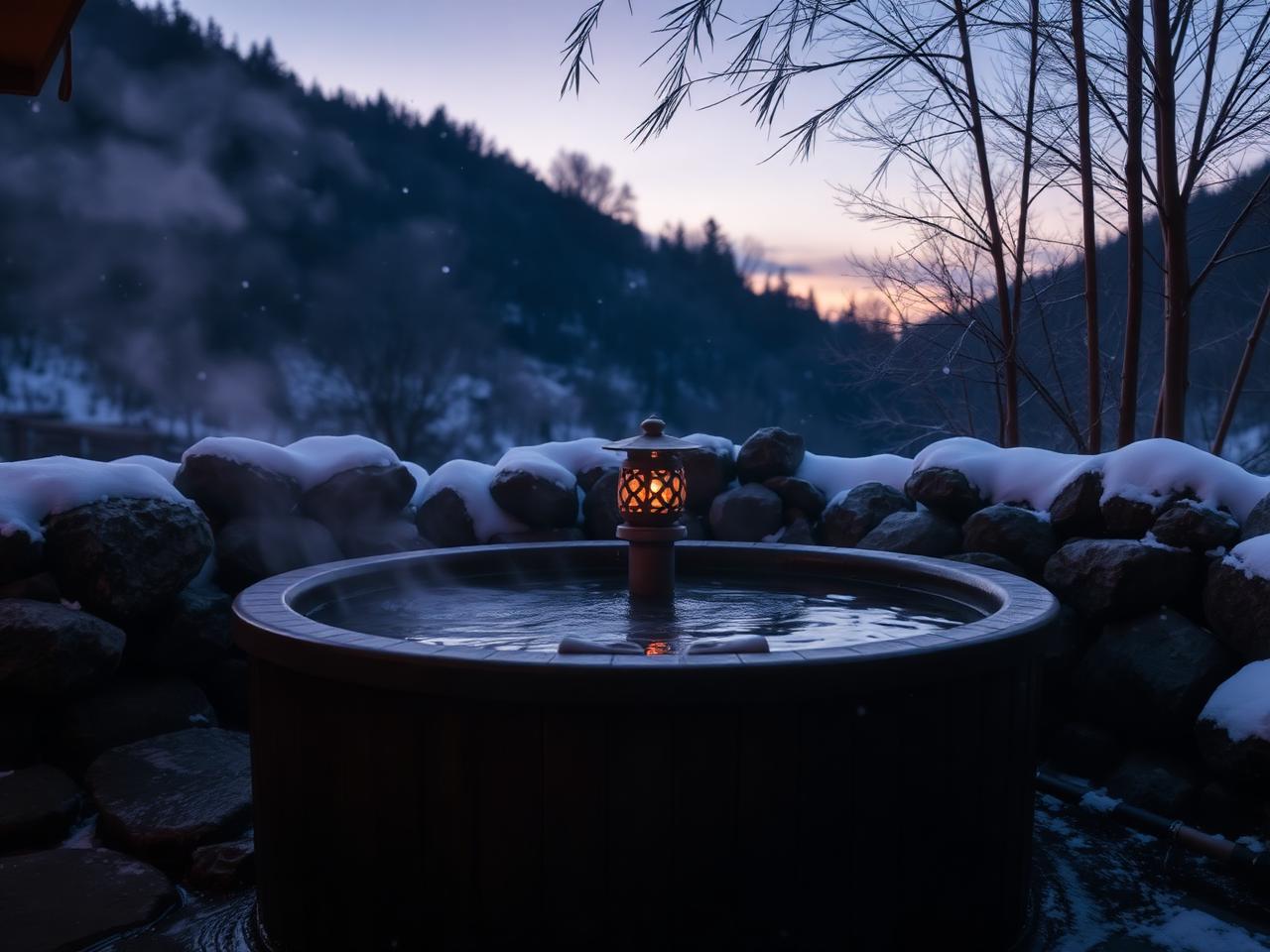 Outdoor cypress hot-spring bath with stone surround, lantern glow and mountain mist at dusk