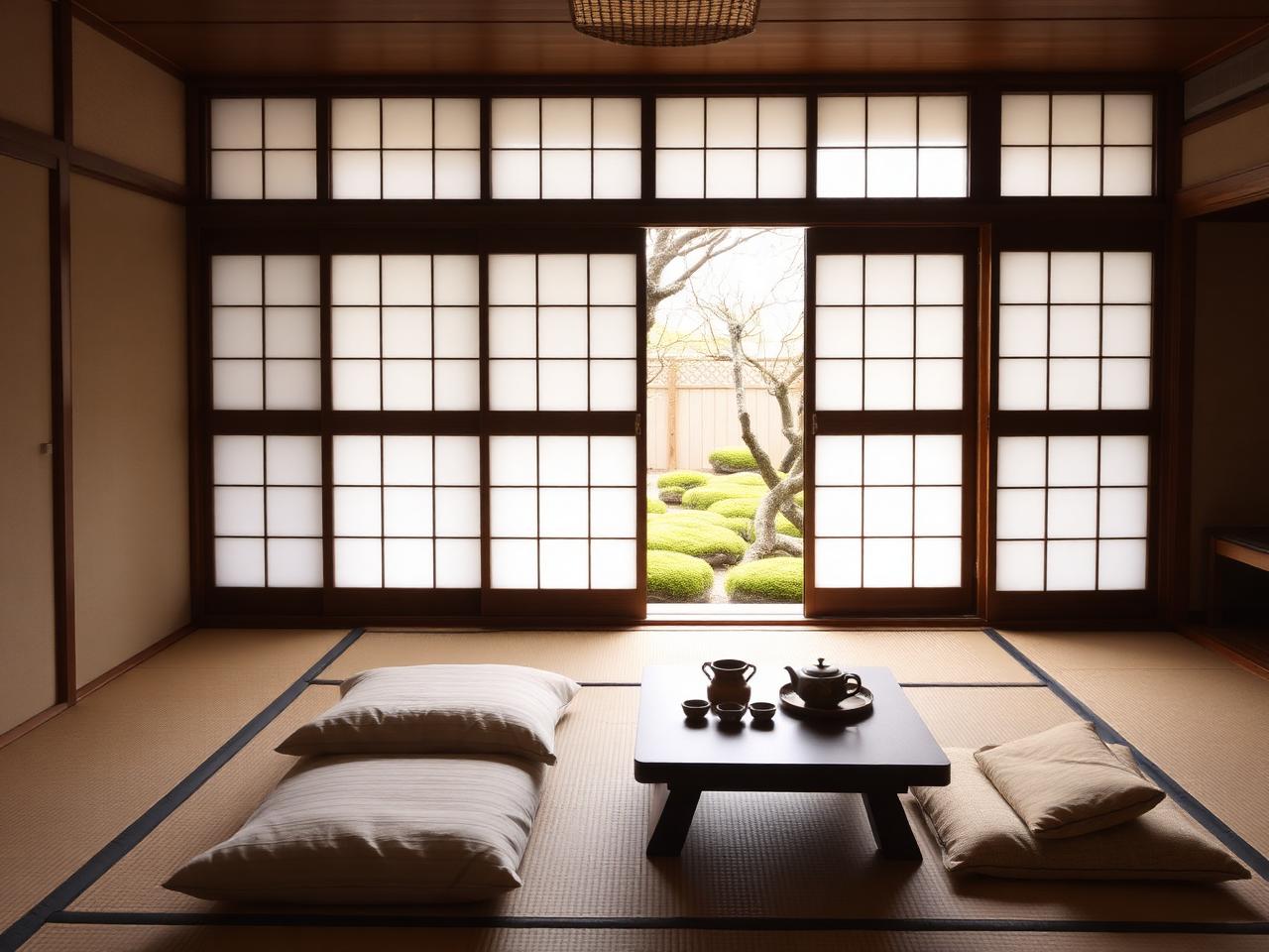 Serene woven-mat suite with paper screens, low bed, tea table and view of a moss garden